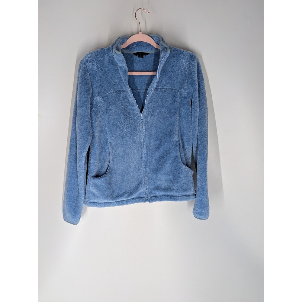 Lands End Womens Fleece Jacket Blue Full Zip Mock Neck Soft Plush Size S 6-8